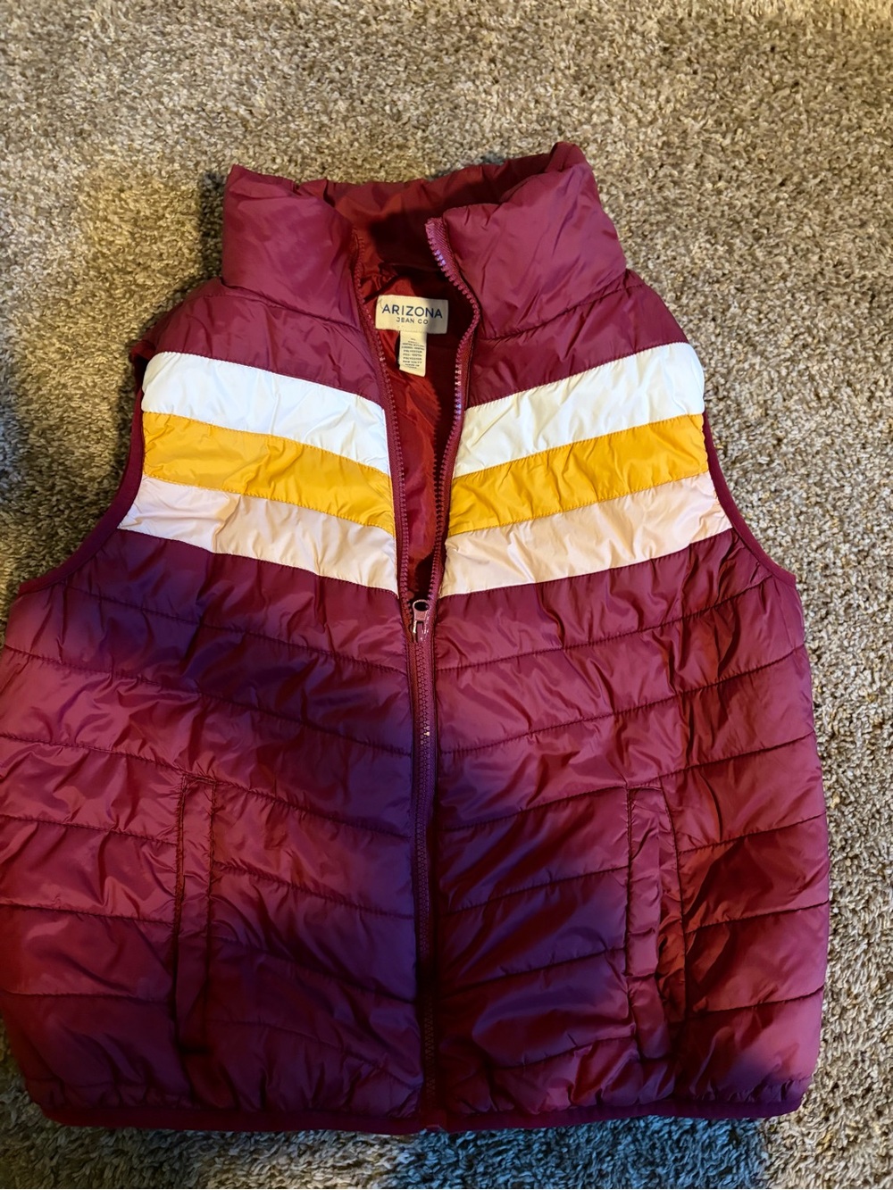 Arizona Jean Company women’s ' Burgundy Puffer Vest with Yellow & White Stripes